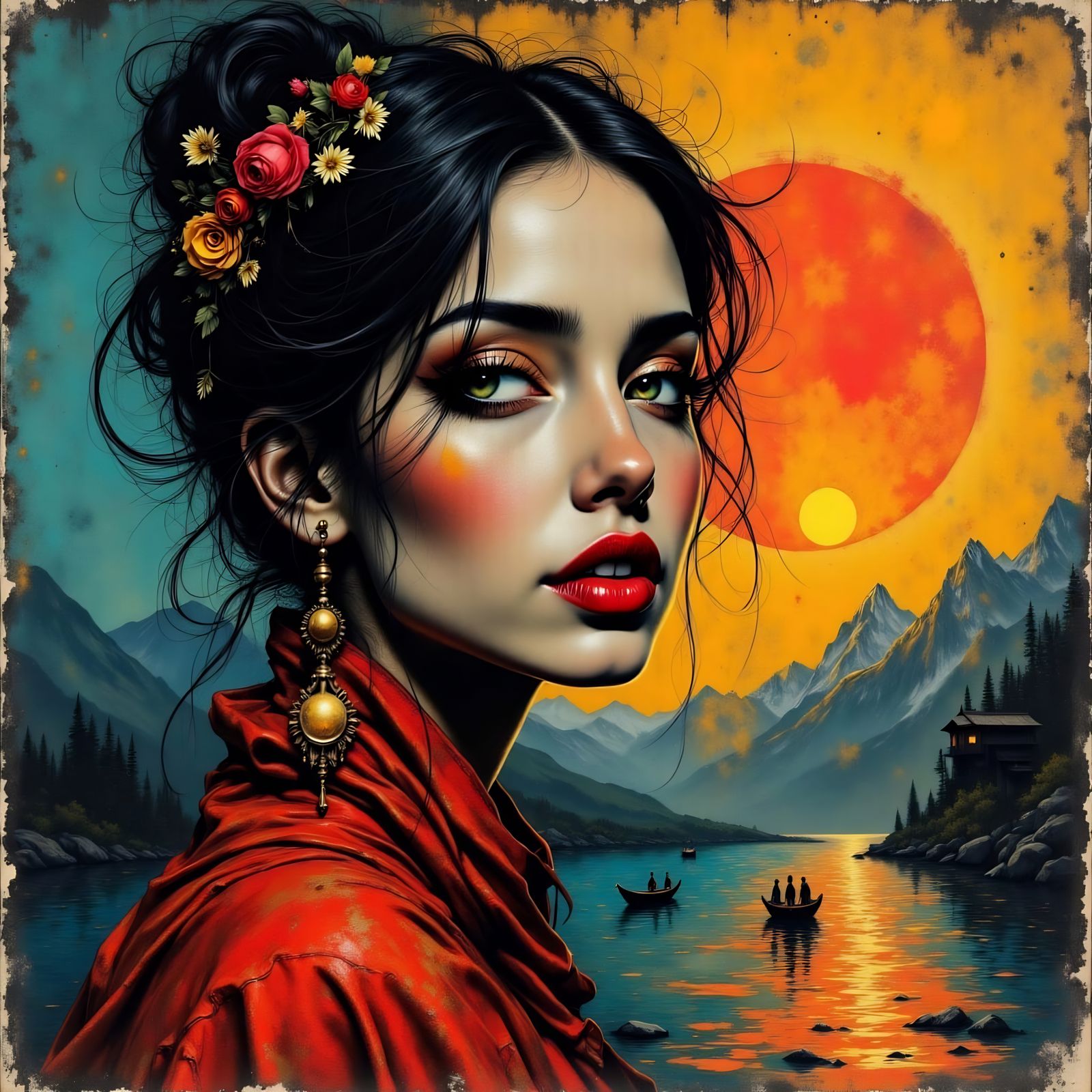 Tibetan Woman's Gaze in Vibrant Cubist Style