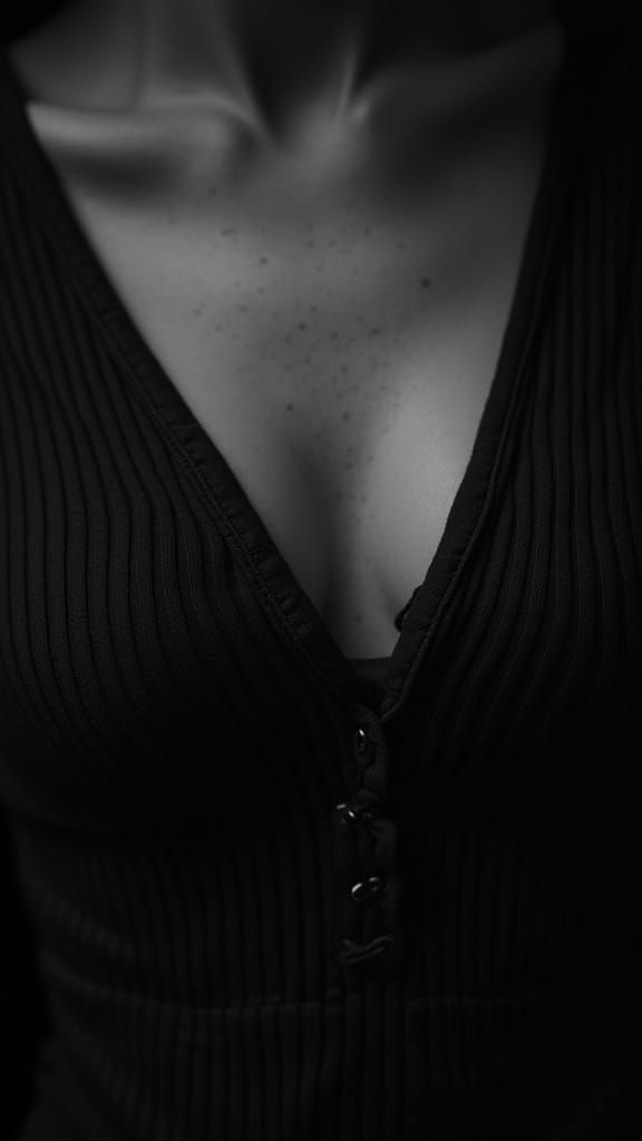 Monochrome Close-Up of Woman's Chest in Ribbed Shirt