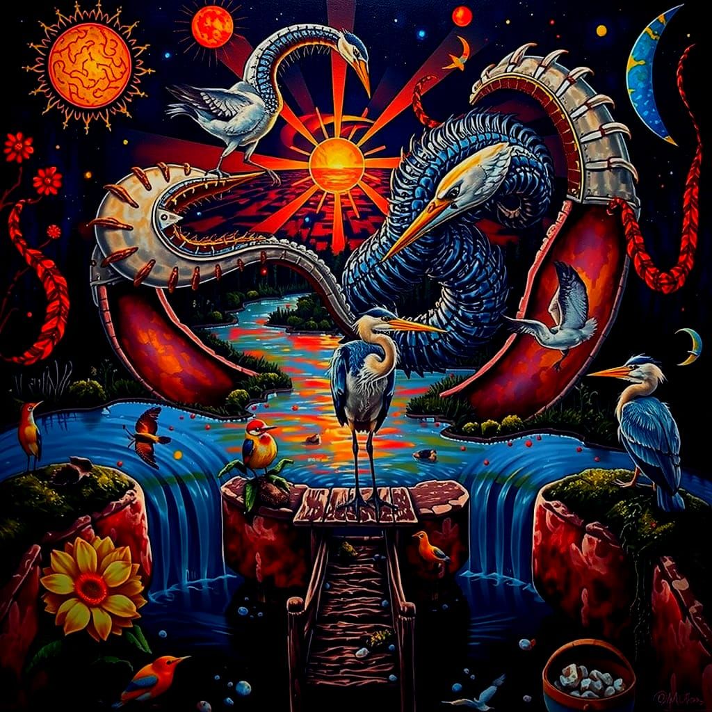 Radiant Sunset Over River Delta With Heron