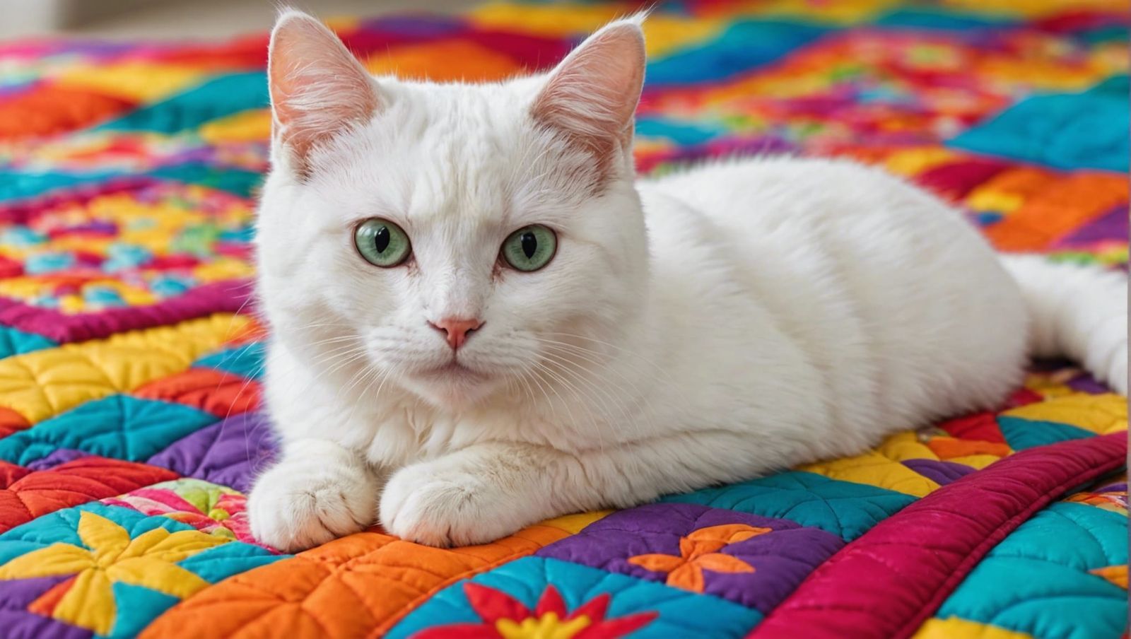 Cute White Cat Relaxing on Colorful Quilt