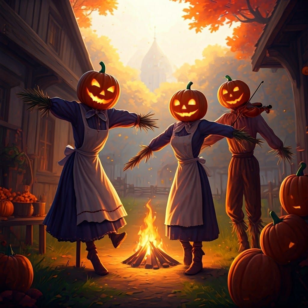 Festive Scarecrows Dance in Autumn Light, Ghibli-Inspired