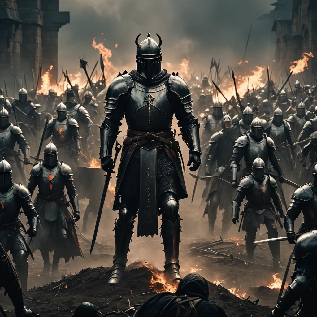 Black Knight Leads Epic Battle: Gritty Cinematic Film Still