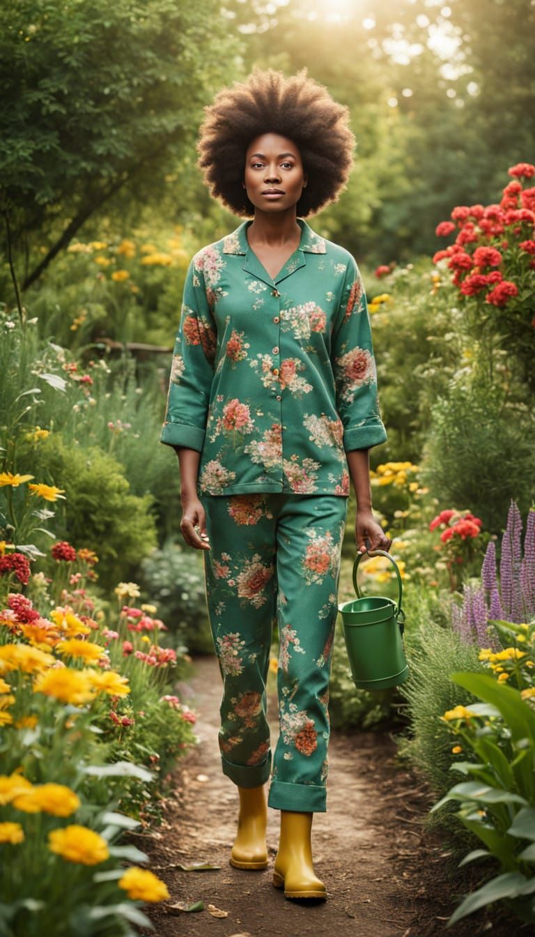 Confident Woman in Whimsical Garden, Vibrant Afro and Floral...