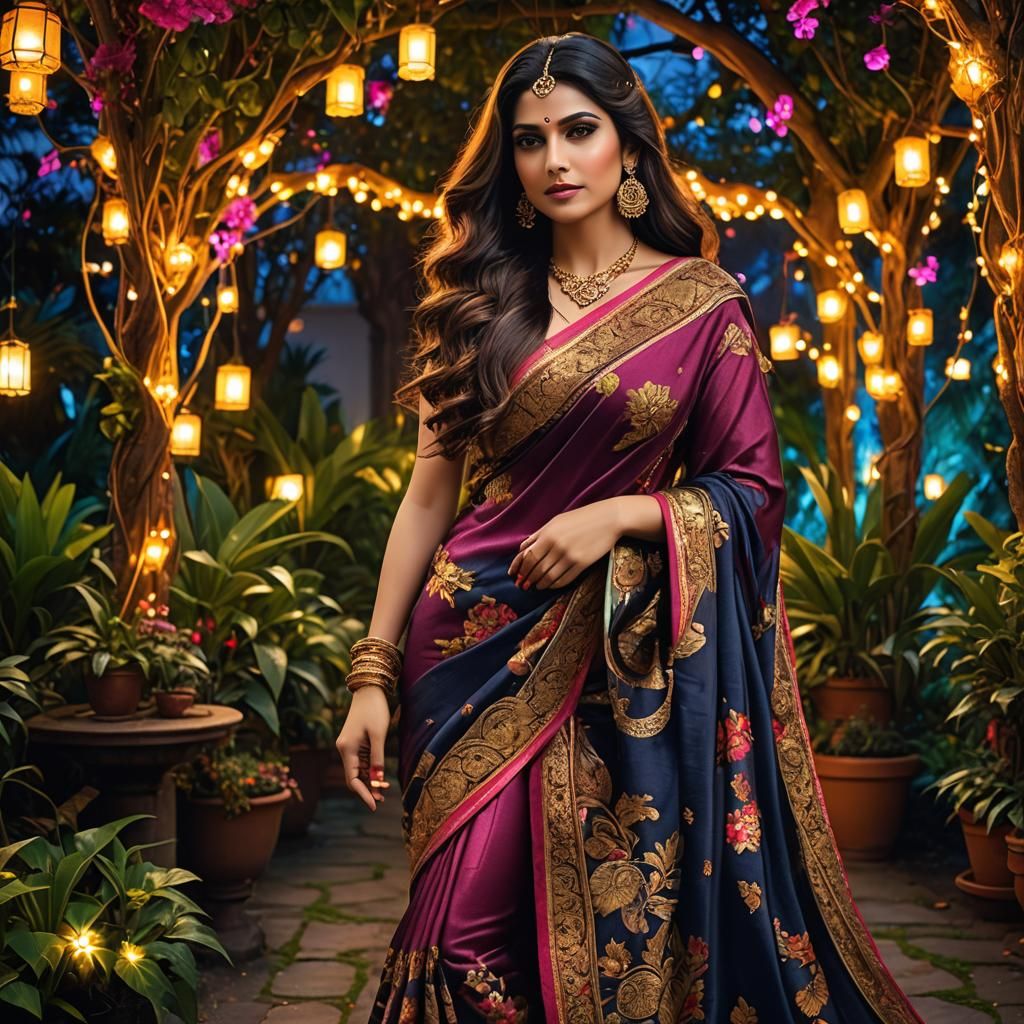 Elegant Woman in Saree in a Night Garden