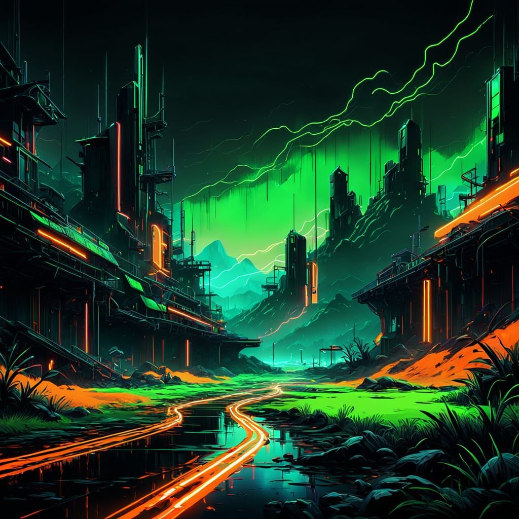 Vibrant Neon Landscape in Abstract Expressionism Style