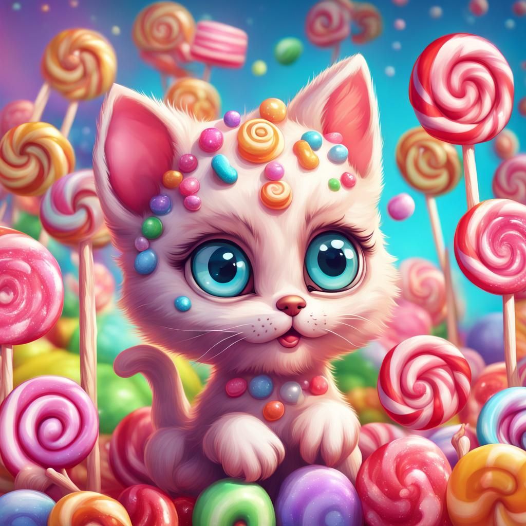 Sparkling Cartoon Kitten in Whimsical Candyland