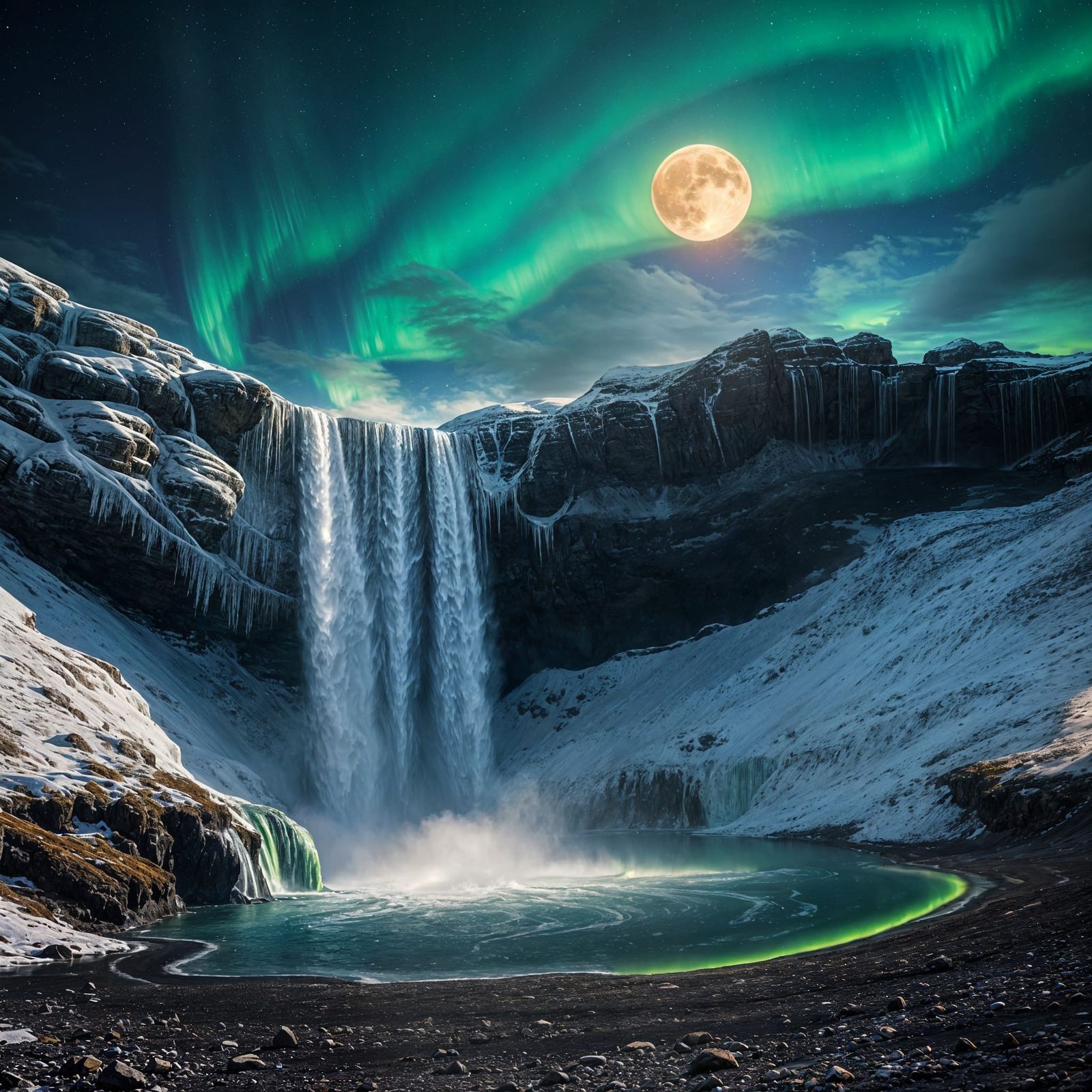 Icelandic Hot Spring Waterfall Under Aurora Borealis