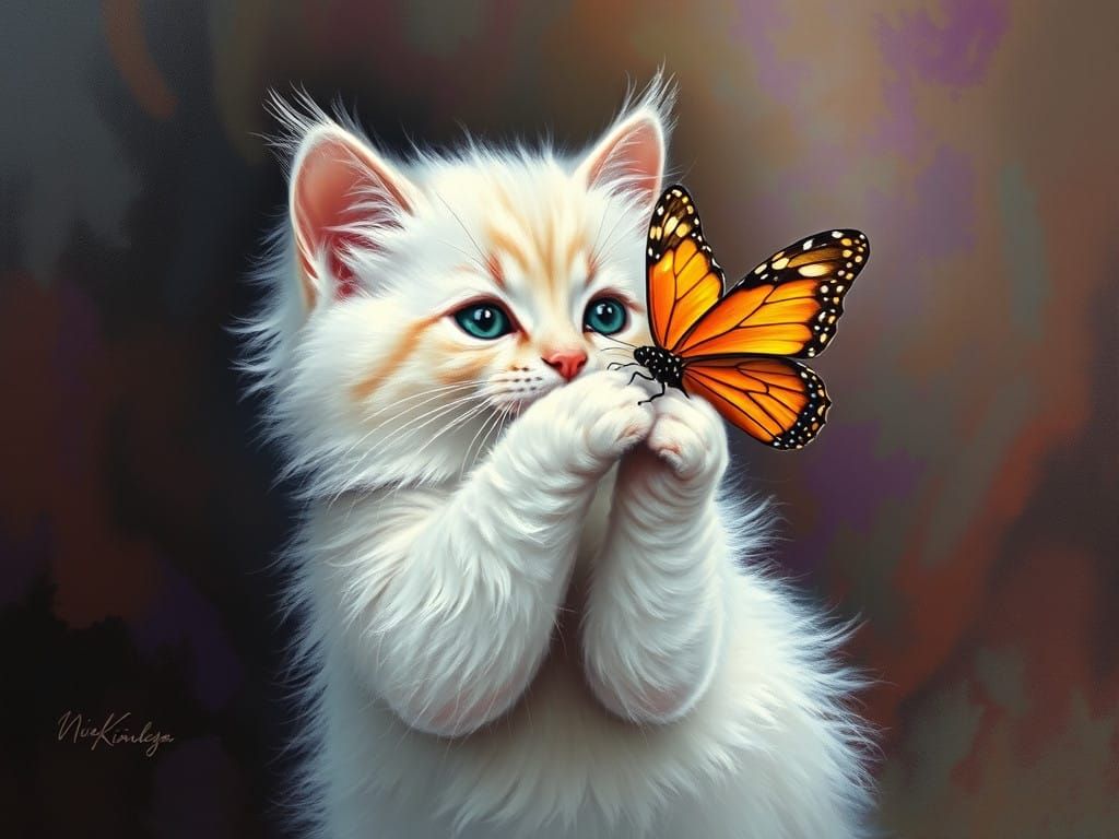 Whimsical Cottage Core Scene: Kitten and Butterfly in Oil Pa...