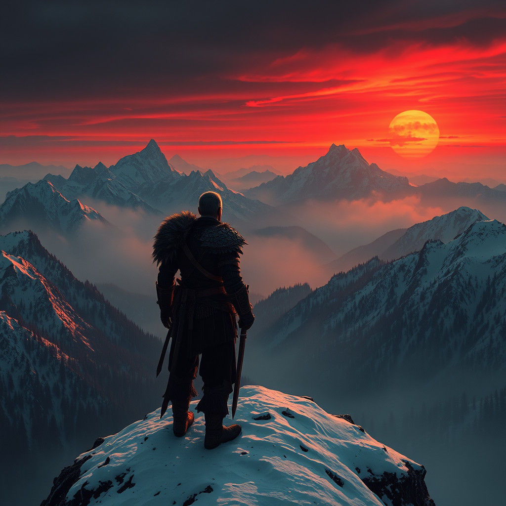 Warrior on Snowy Peak at Fiery Sunset