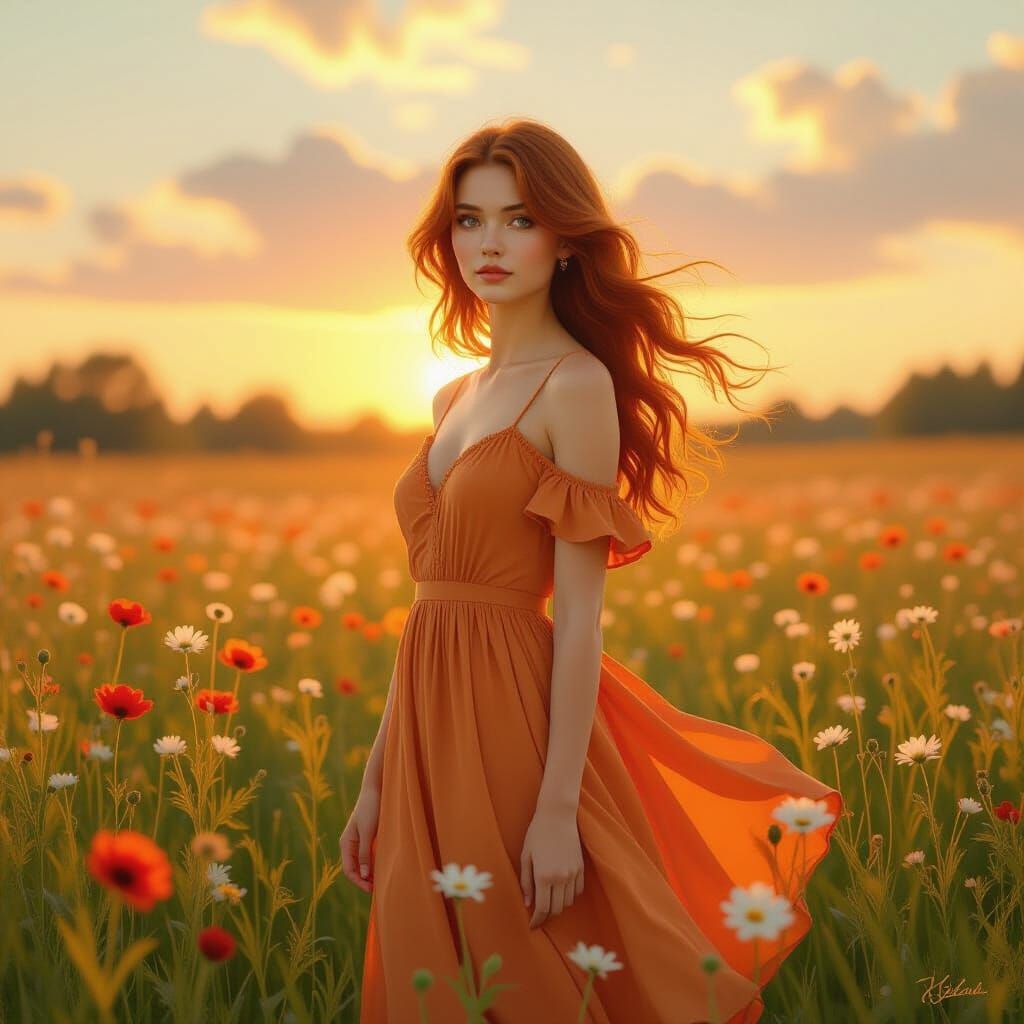 Auburn-Haired Woman in Wildflower Field, in an Ethereal Styl...