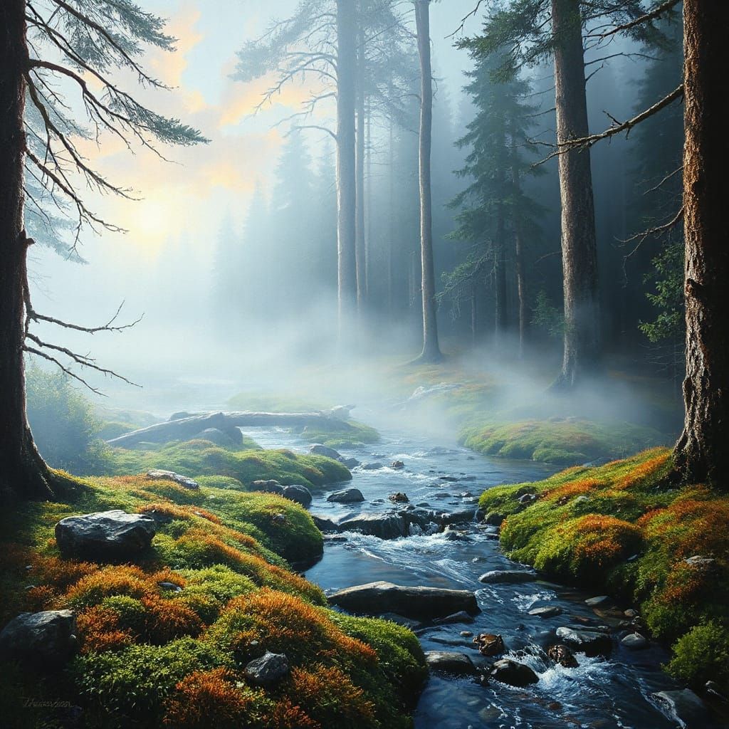 Misty Scandinavian Forest Morning with Creek