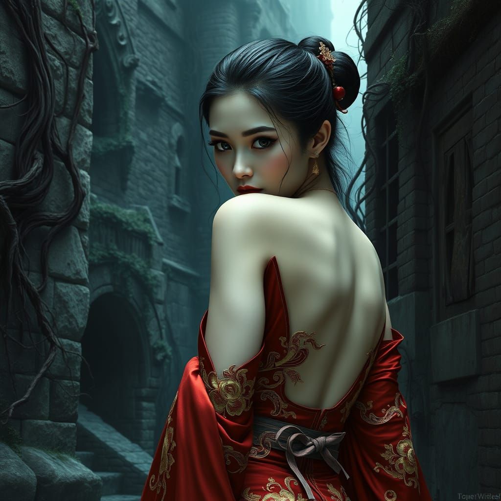 Gothic Vampire Goddess in Ancient Ruins