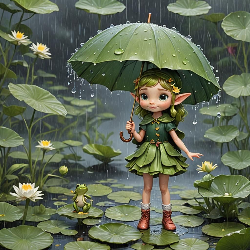Pixie and Frog Under Lily Pad Umbrella