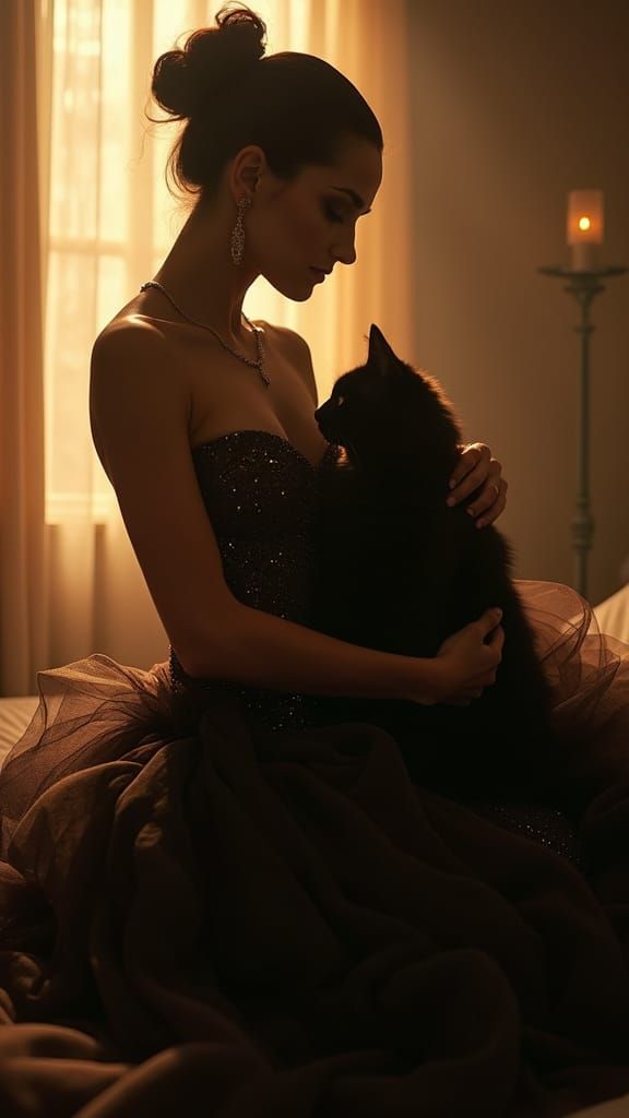 Elegant Woman with Black Cat in Cinematic Style