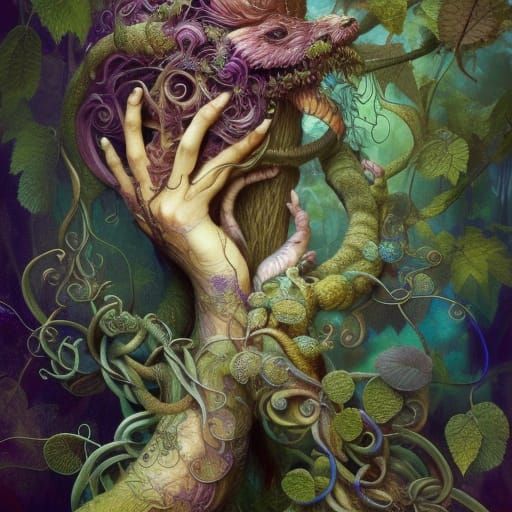 Vines Entwined on Hyperreal Hand in Forest