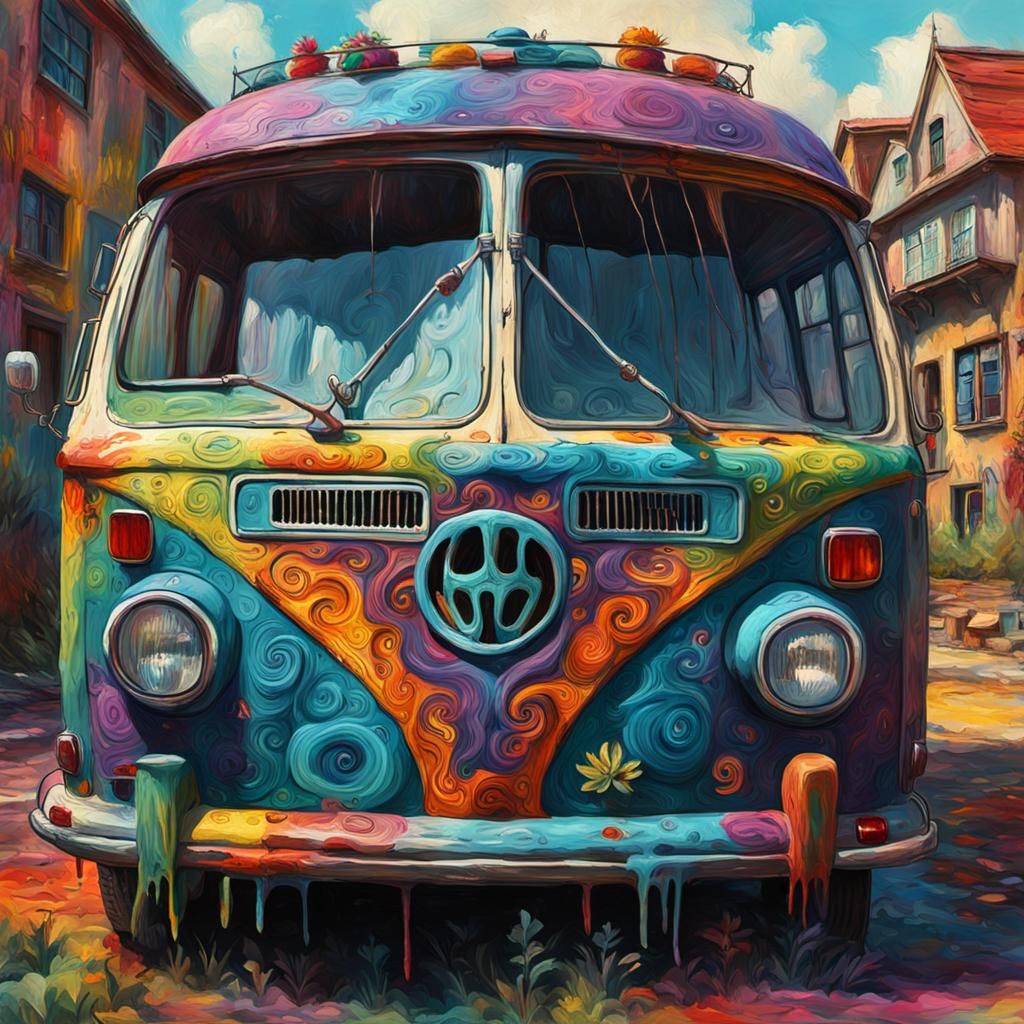 Grotesque Gothic Hippie Van: Impressionist Digital Art