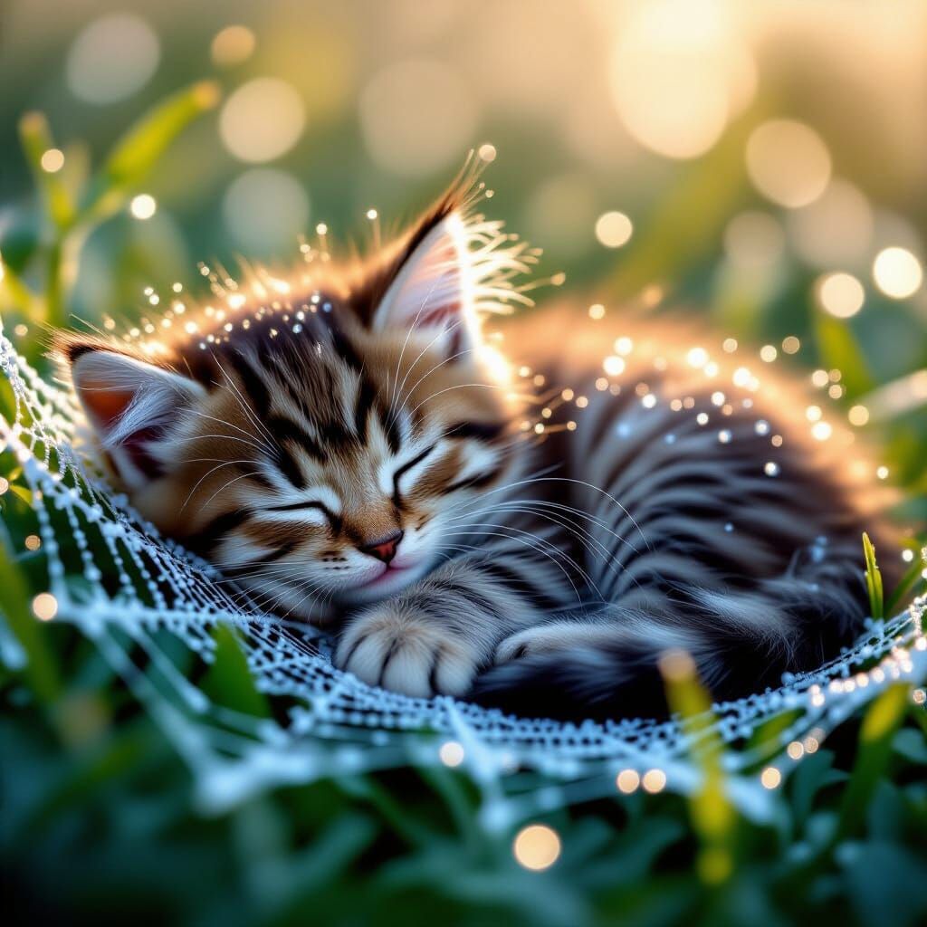 Kitten Sleeping on Dew-Dripping Spiderweb at Dawn