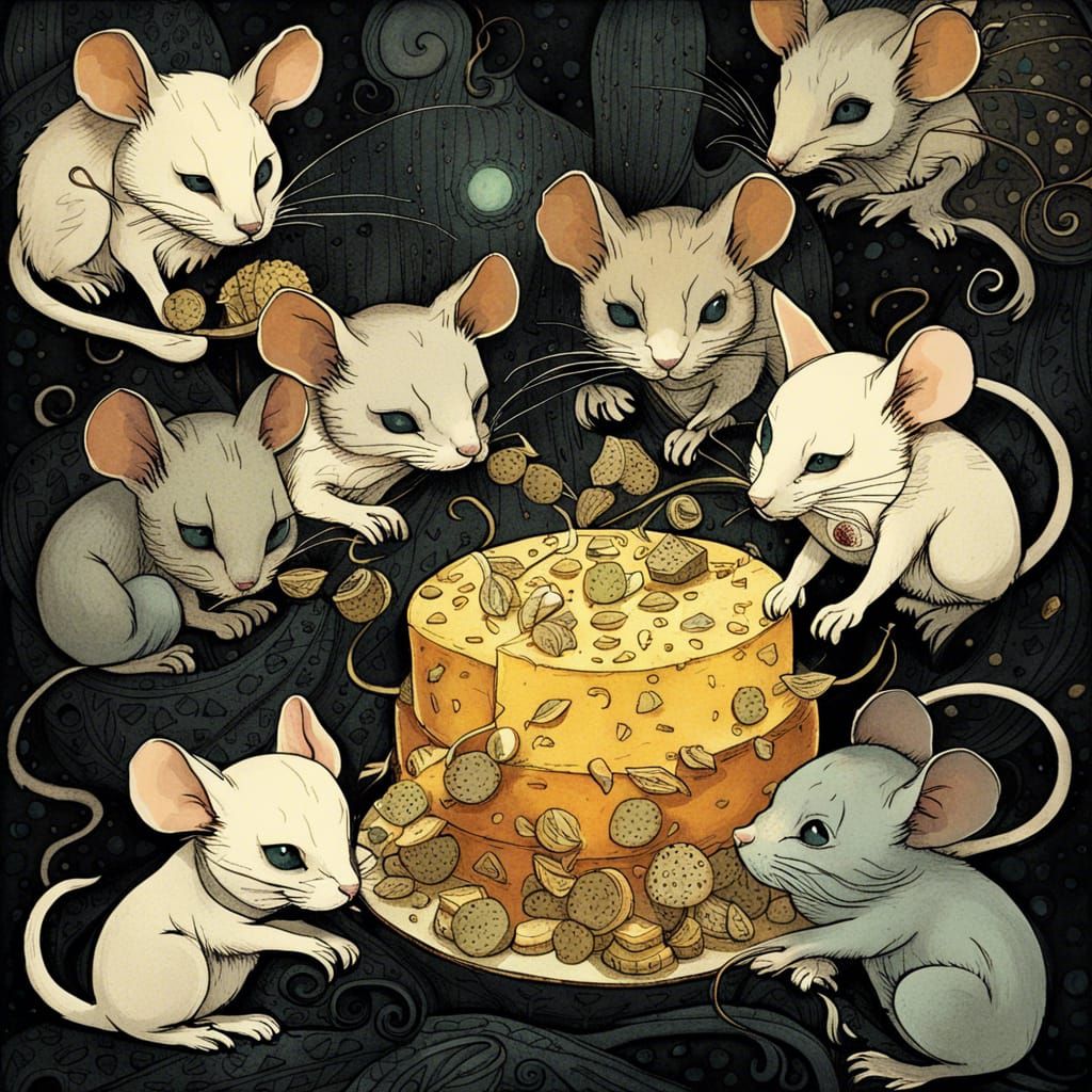 Mice Feast on Cheese Cat, Gothic Storybook Illustration