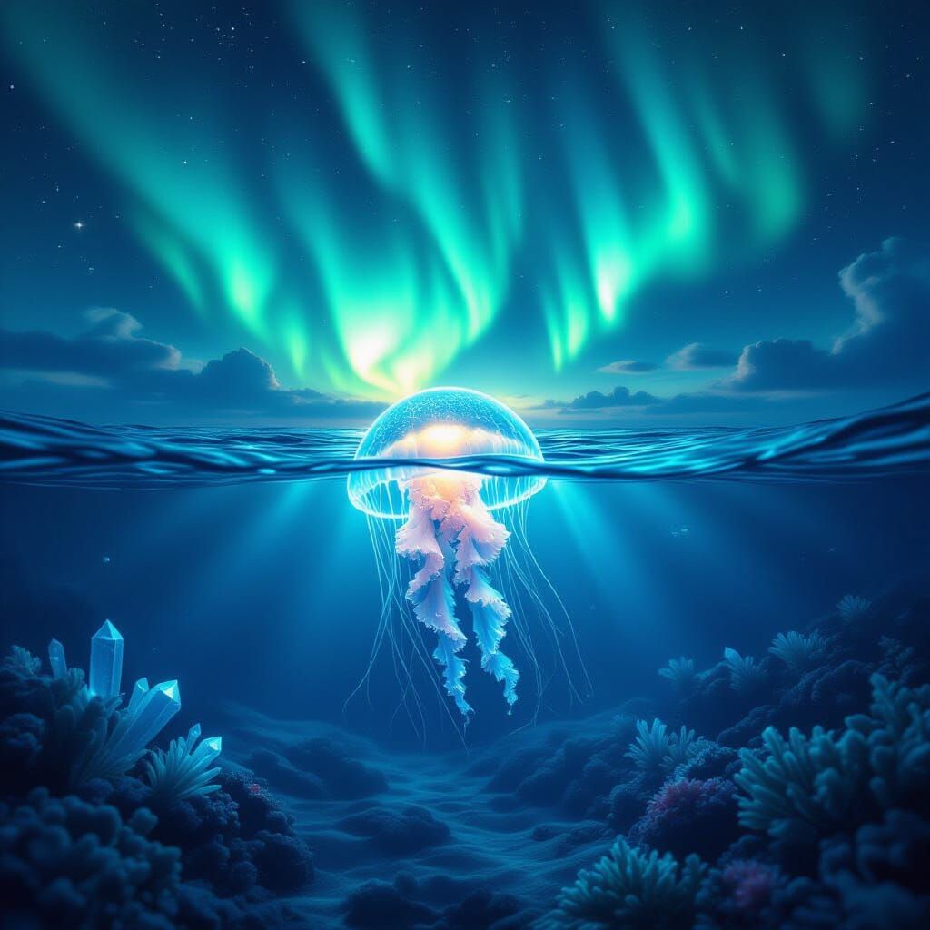 Bioluminescent Jellyfish in Alien Ocean Aurora Sky