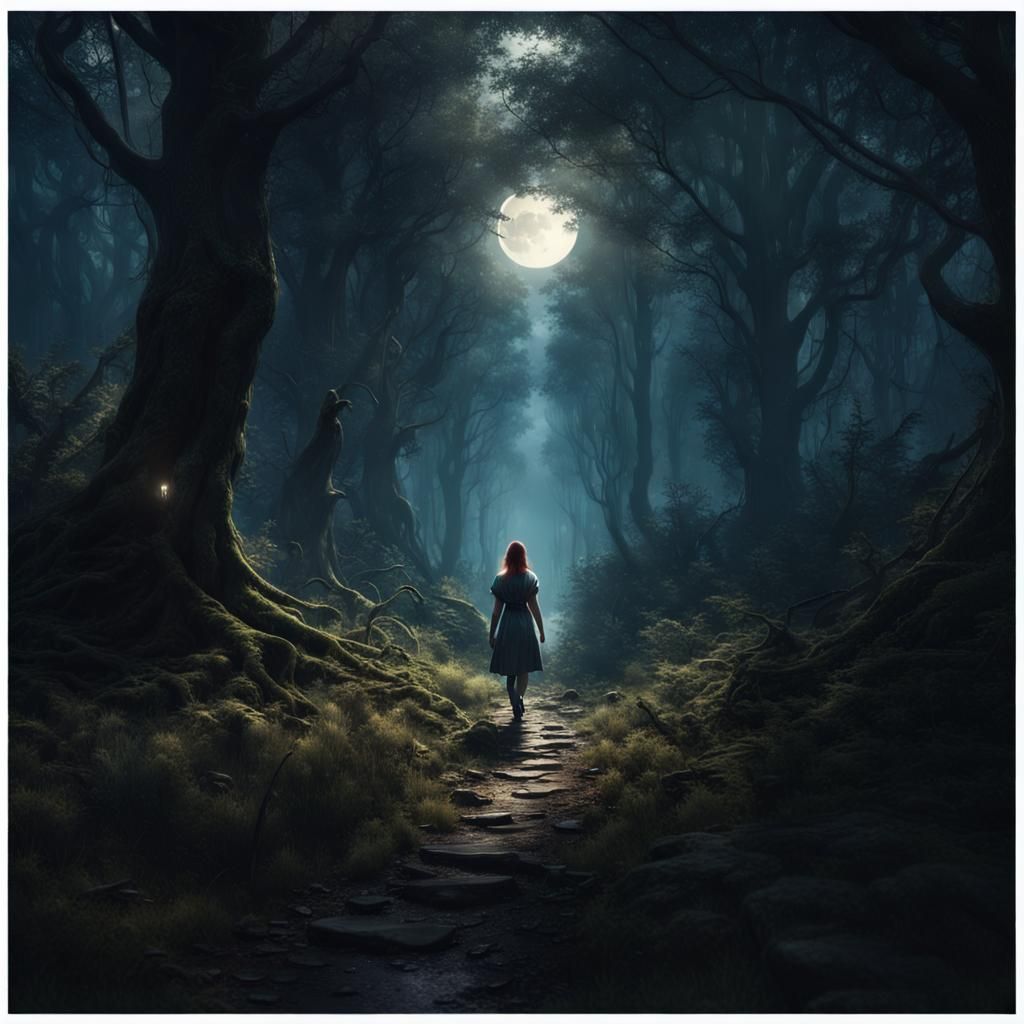 Moonlit Forest Path with Eyes in Trees