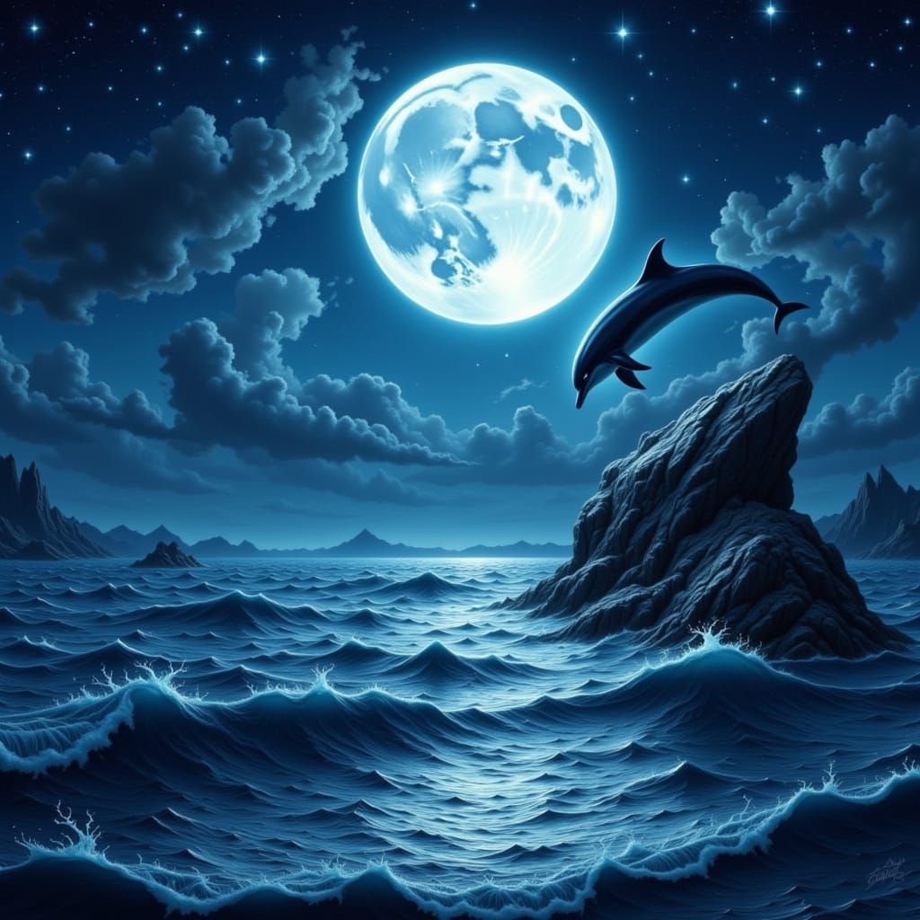 Moonlit Seascape With Jumping Dolphin