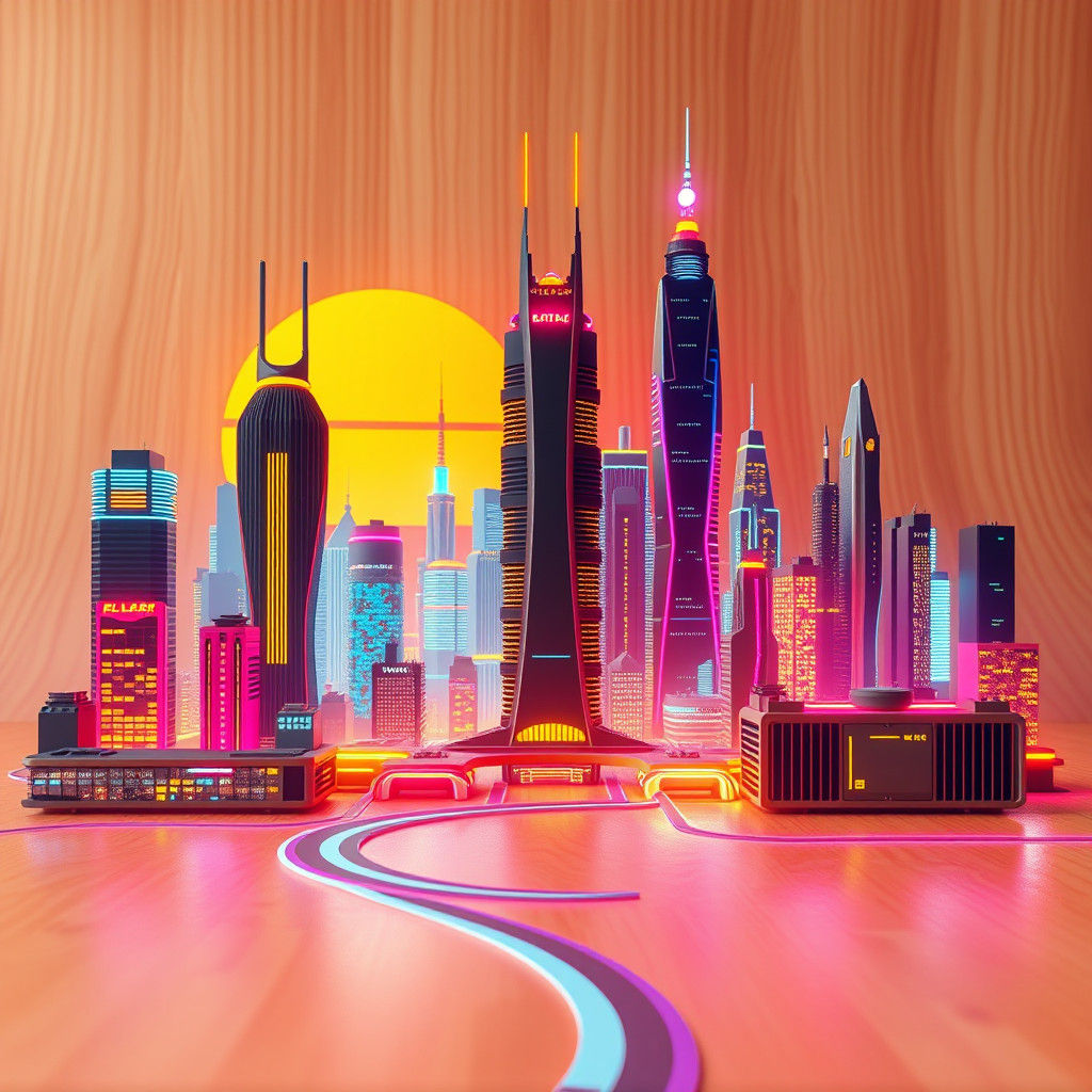 Neon City Skyline 3D Model in Retro-Futuristic Style