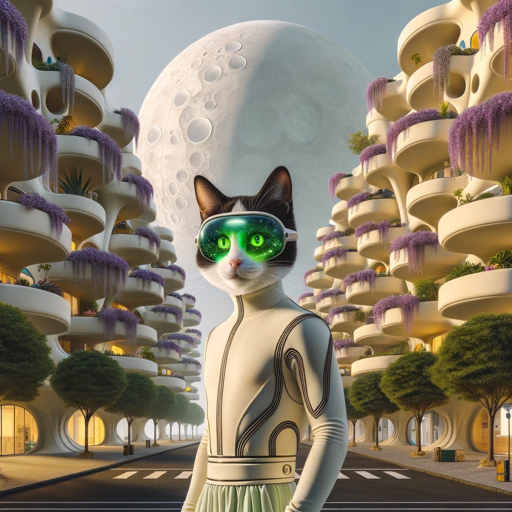 Cyberpunk Feline Explorer Stands Confidently Amidst Urban Cl...