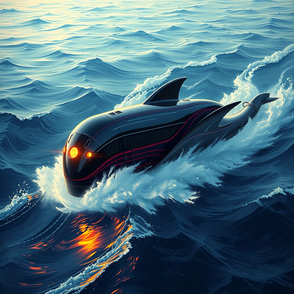 Art Deco Dolphin Train Speeds Through Ocean