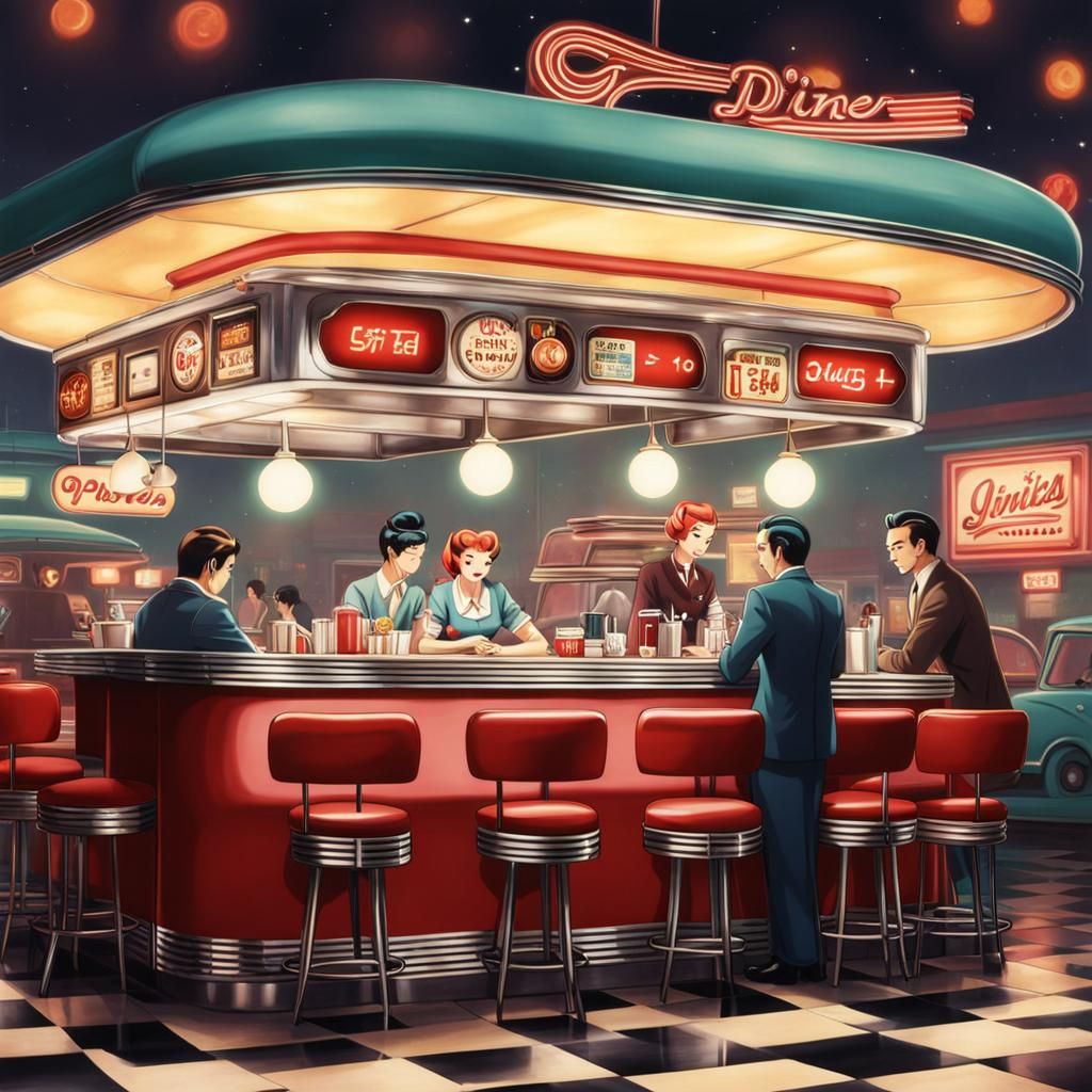 Retro 1950s Diner in Anime Style