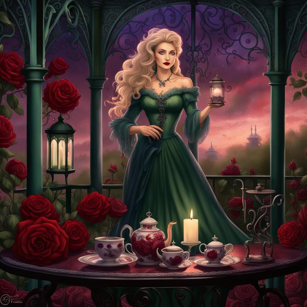 Victorian Lady in Gazebo at Night: Fantasy Concept Art