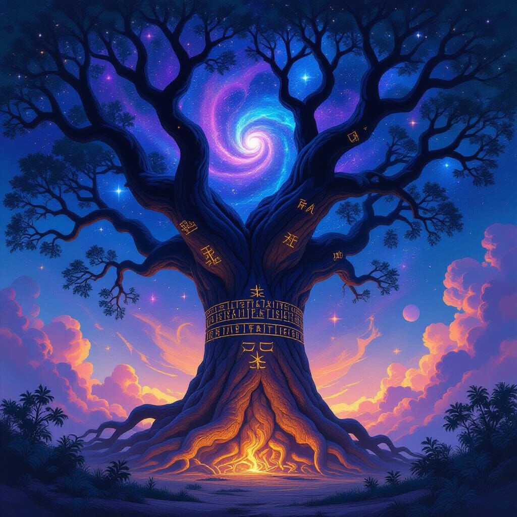 Cosmic Tree of Life in Gouache Painting Style