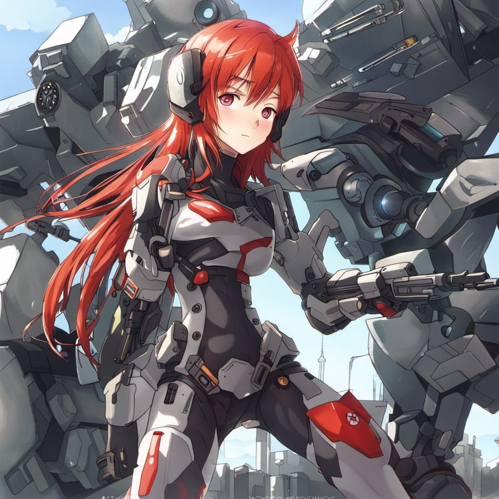 Red-Haired Girl with Mecha in Anime Style