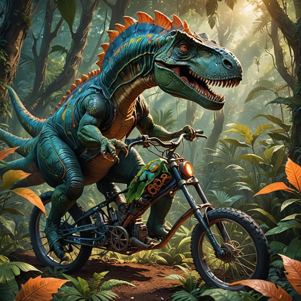 Fantasy Dinosaur Rides Bike Through Jungle in Cinematic Art