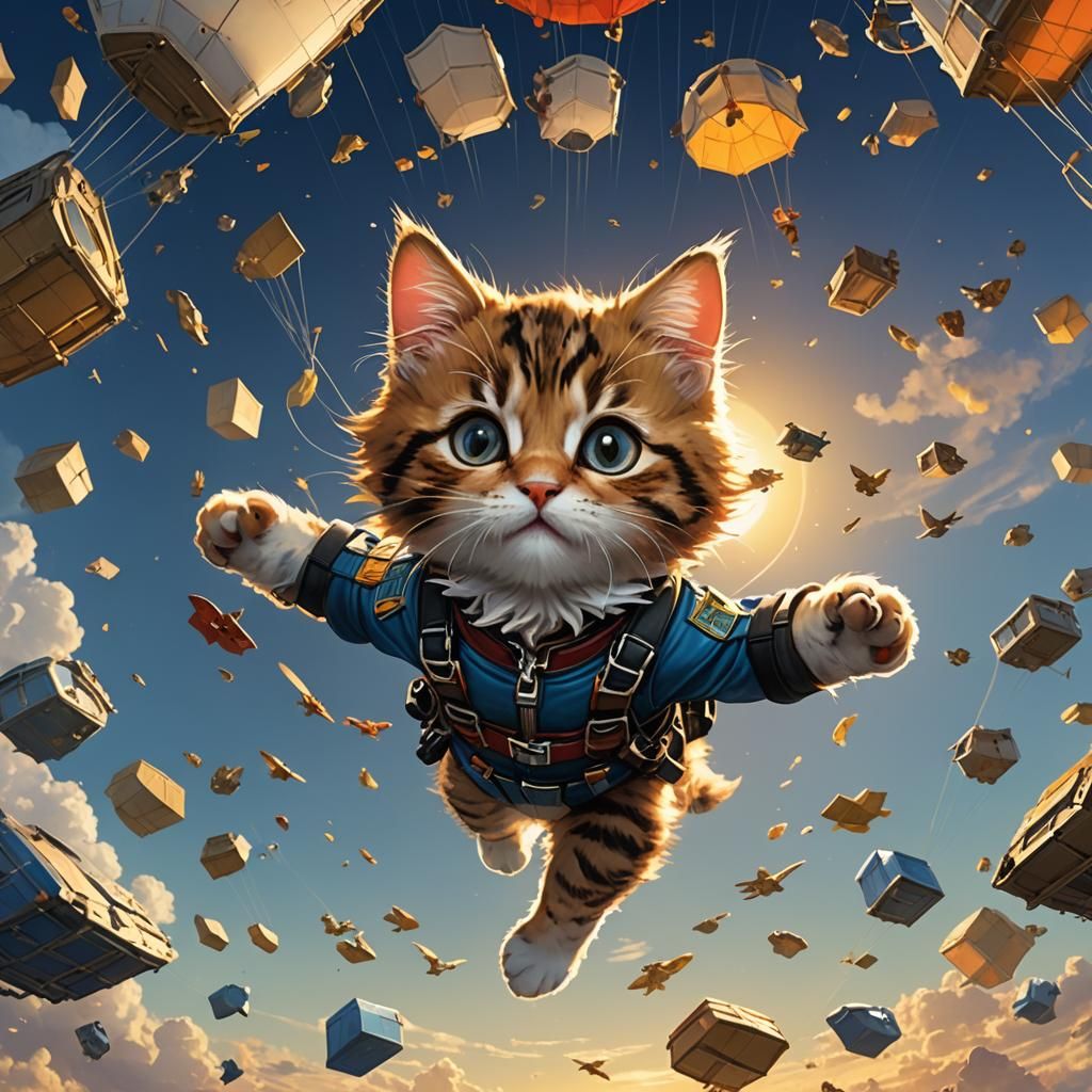 Kitten Skydiving at Dawn: Watercolor Concept Art