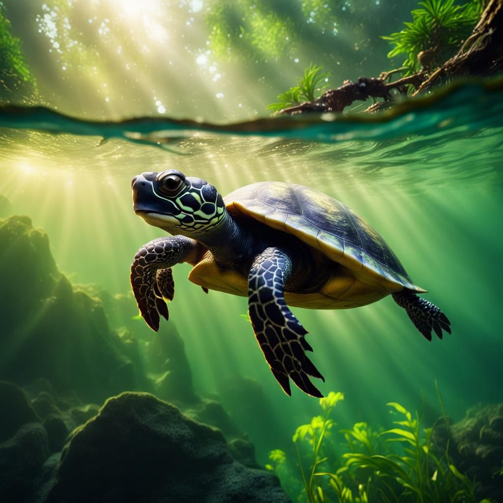 Amazon River Turtle Underwater in Rainforest