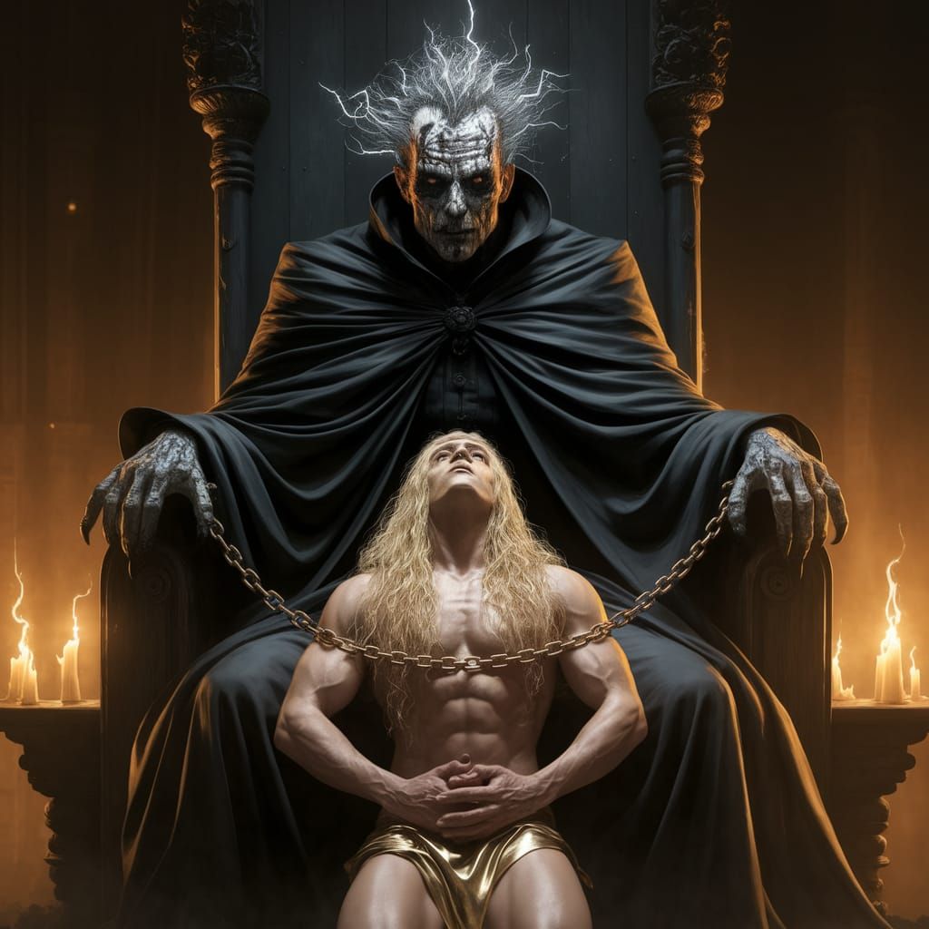 Mysterious Dark Lord on Throne, Confronted by Captive Golden...
