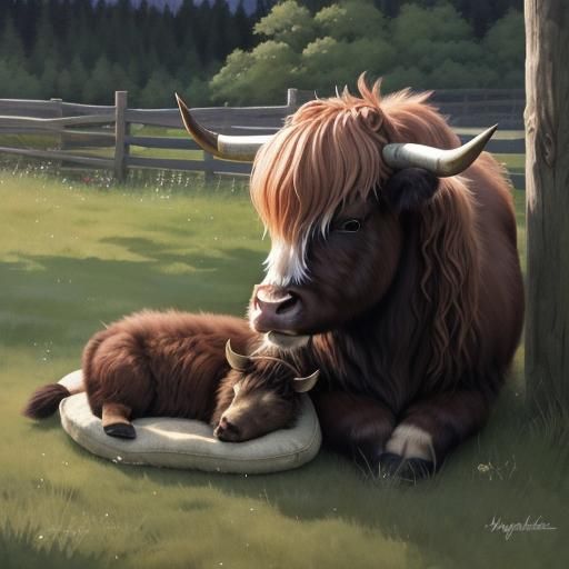 Hyperrealistic Highland Cow Protects Calf Under Moon