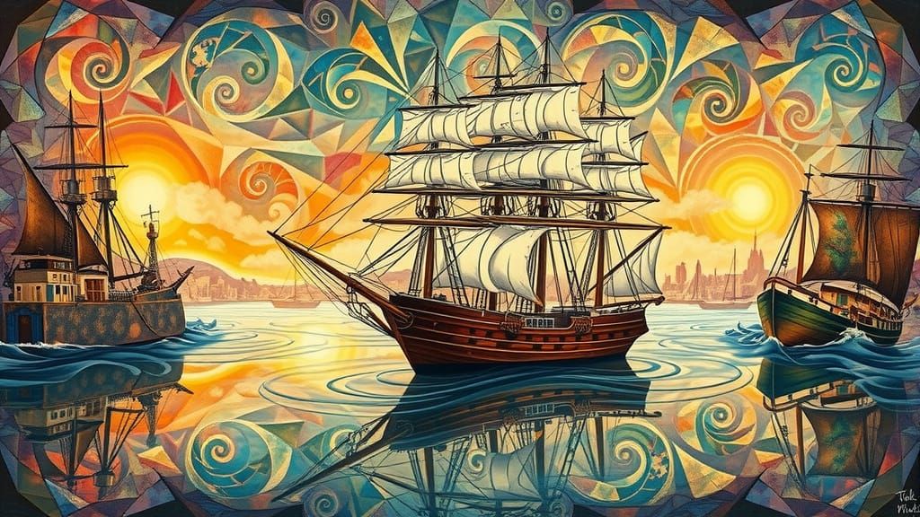 Fractal Sailing Ships in Art Nouveau Harbor Scene