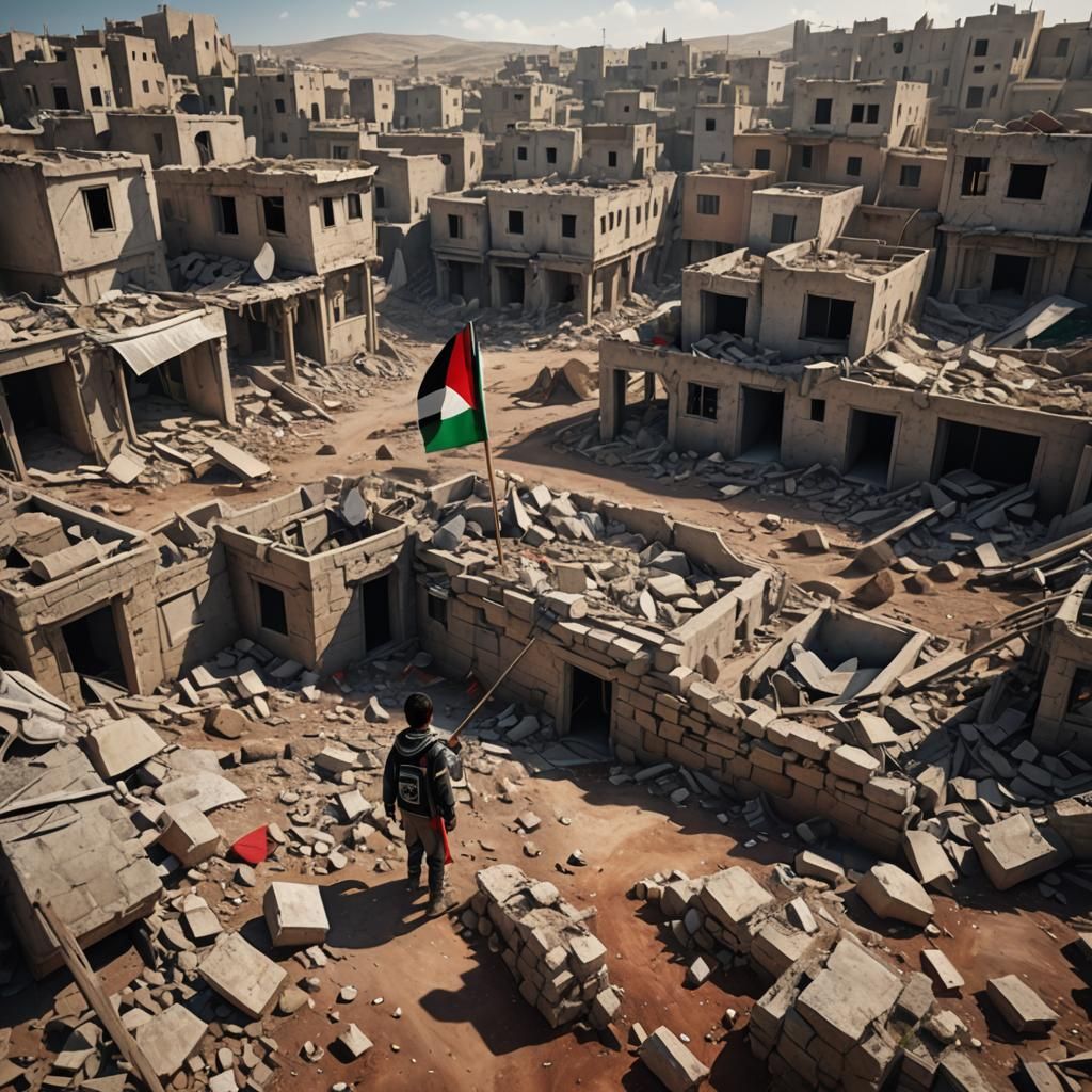 Palestinian Child with Flag Near Collapsed Home