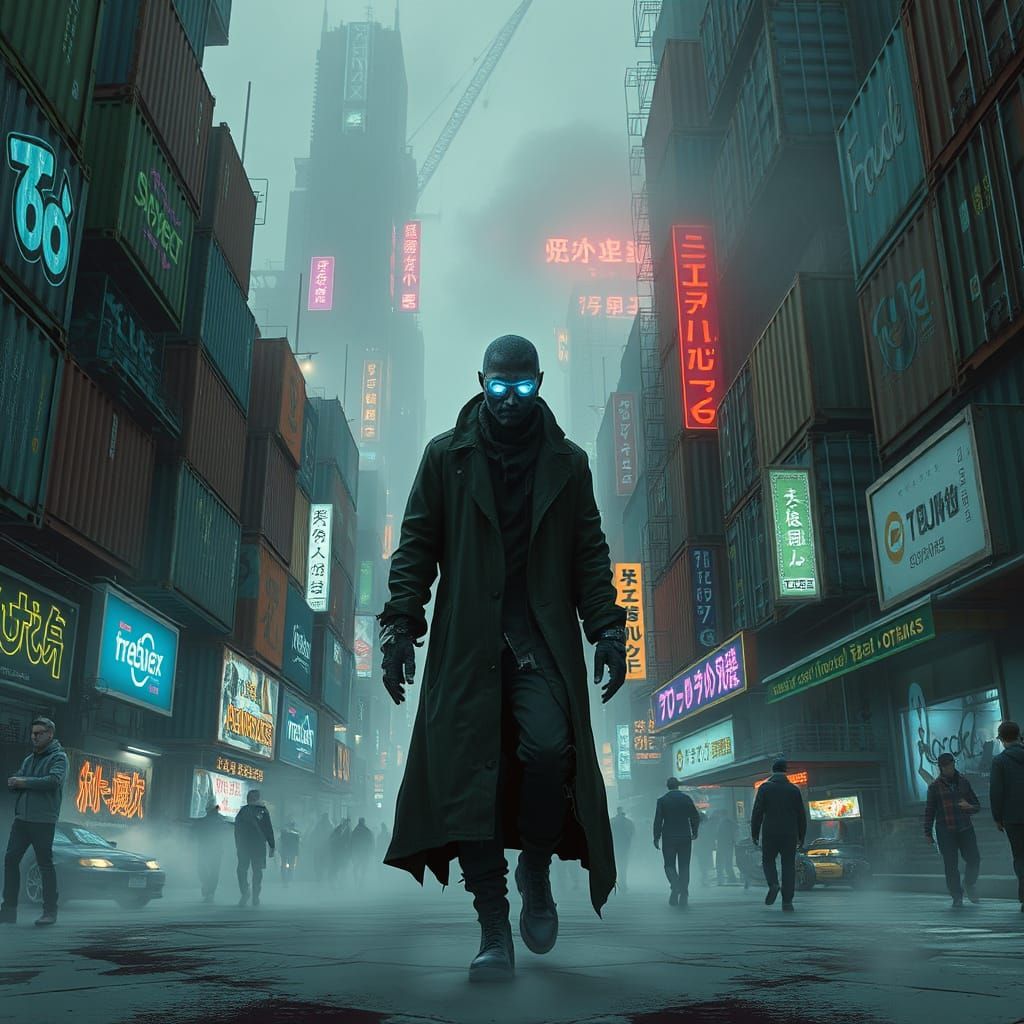 Cyberpunk Cityscape with Neon Graffiti and Film Noir Element...