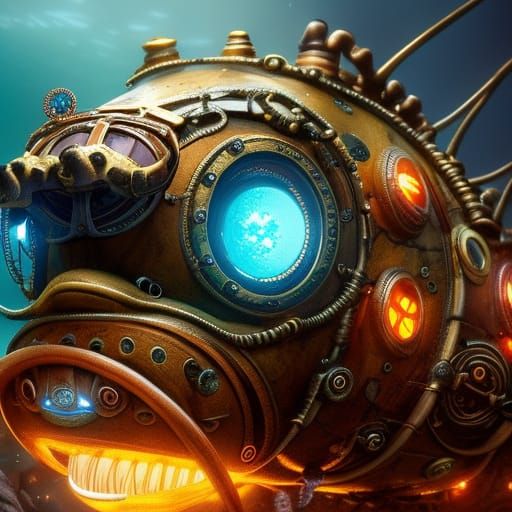 Steampunk Anglerfish in Coral Reef: Detailed Engine Masterpi...