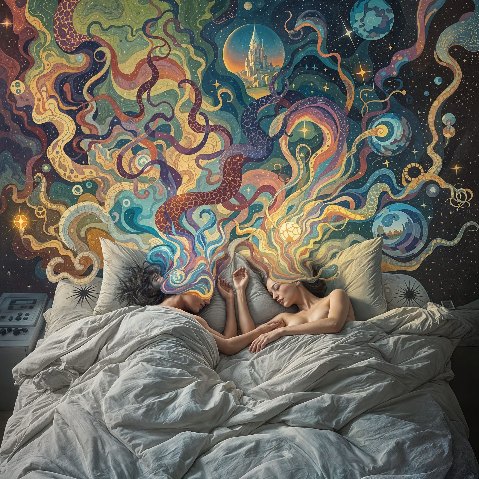 Surreal Couple's Shared Dreamscape Vision