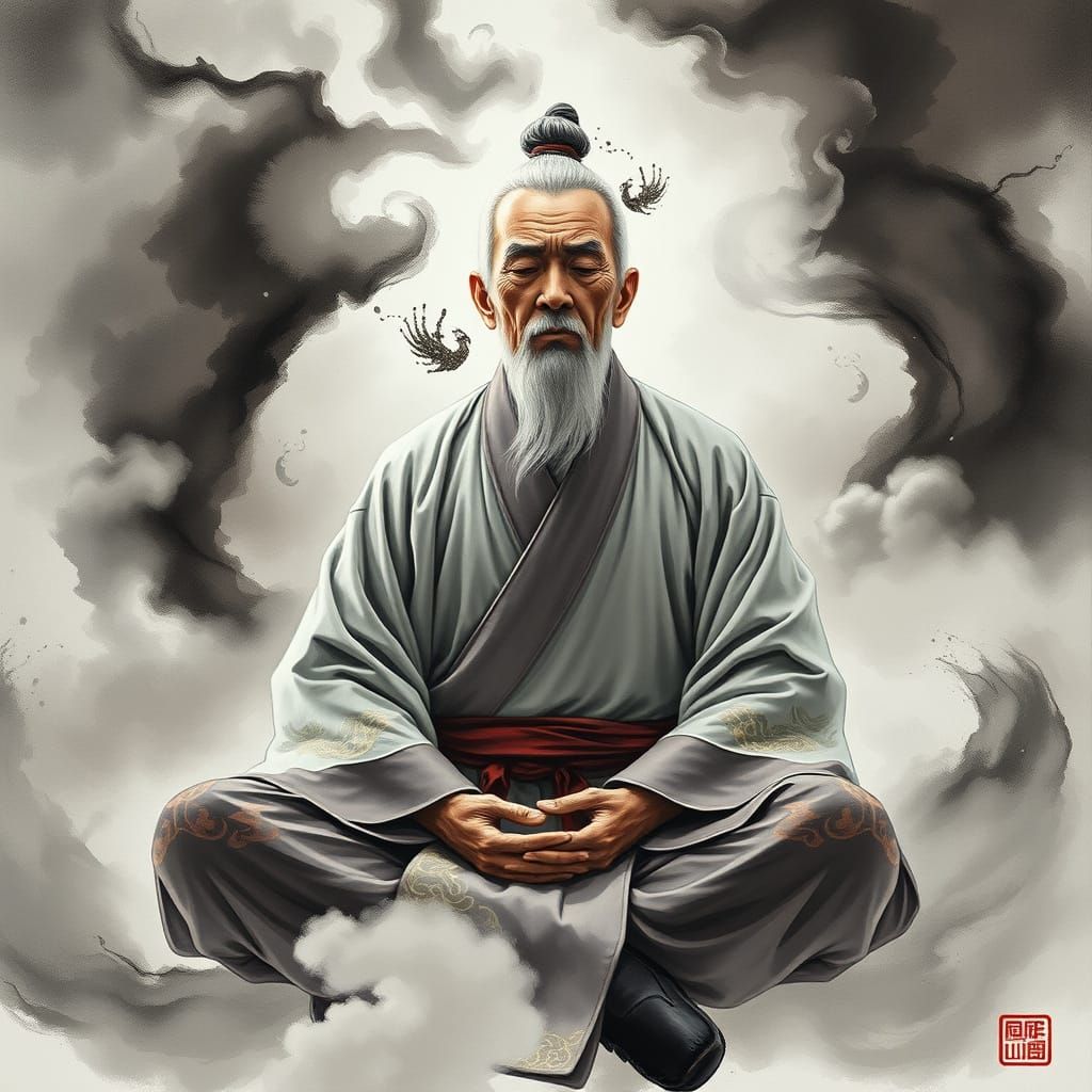 Meditative Martial Arts Master in Ink Wash Style
