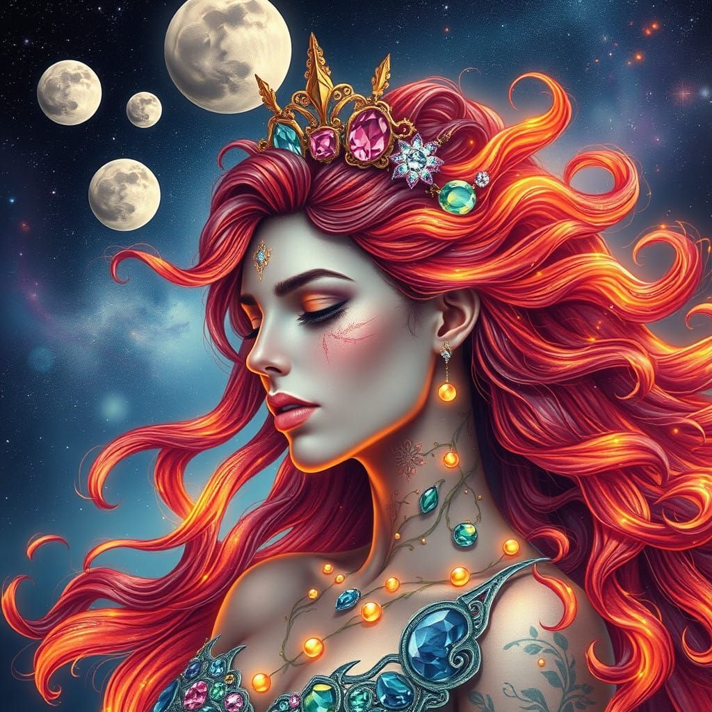 Majestic Jewel-Crafted Princess Erupts from Cosmic Galaxy