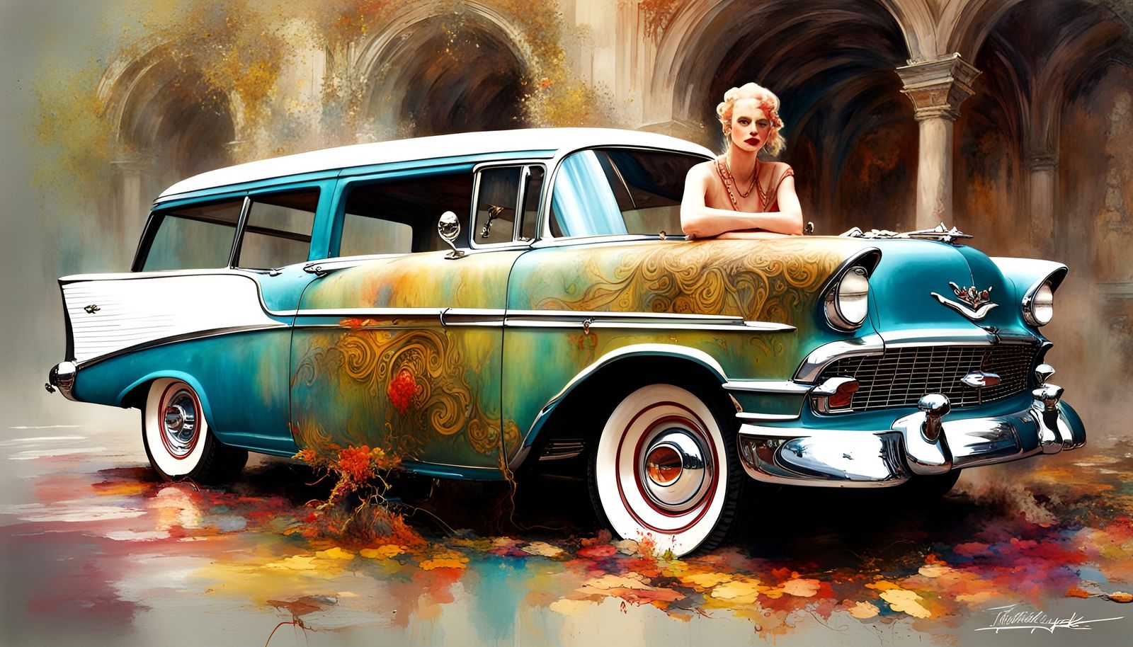 1956 Chevy Nomad in Loose Watercolor Style