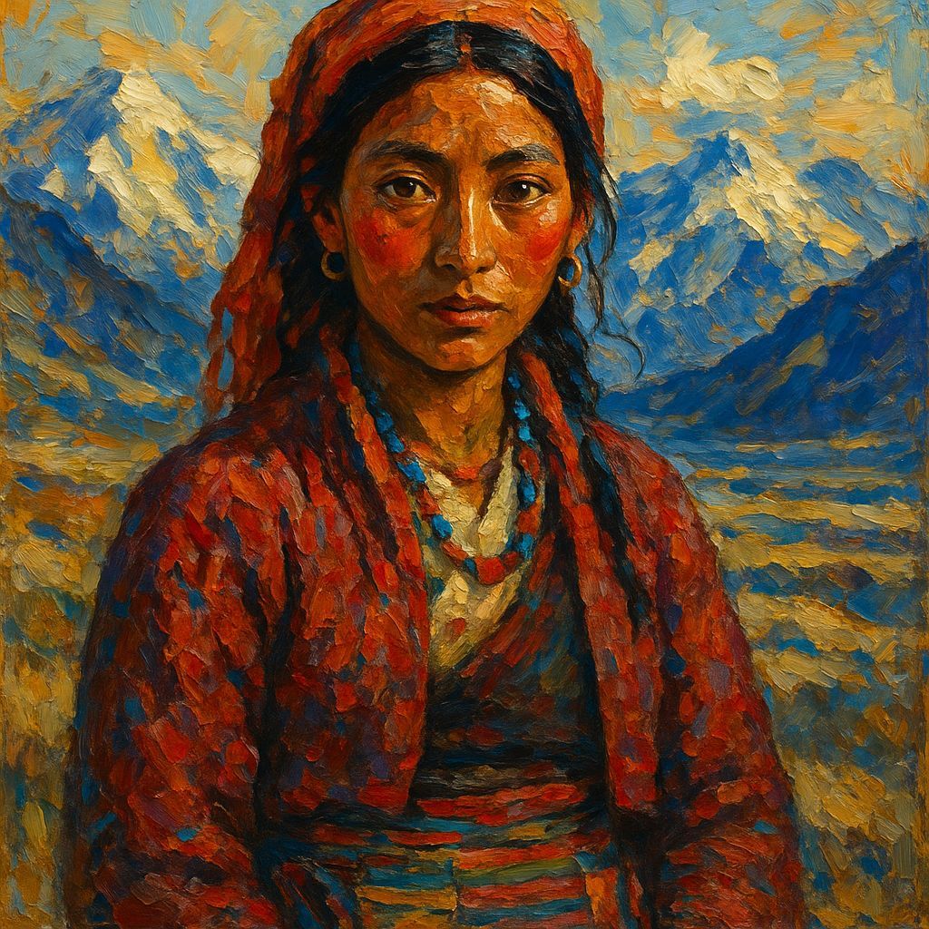 Tibetan Woman: Impasto Portrait in Neo-Impressionist Style