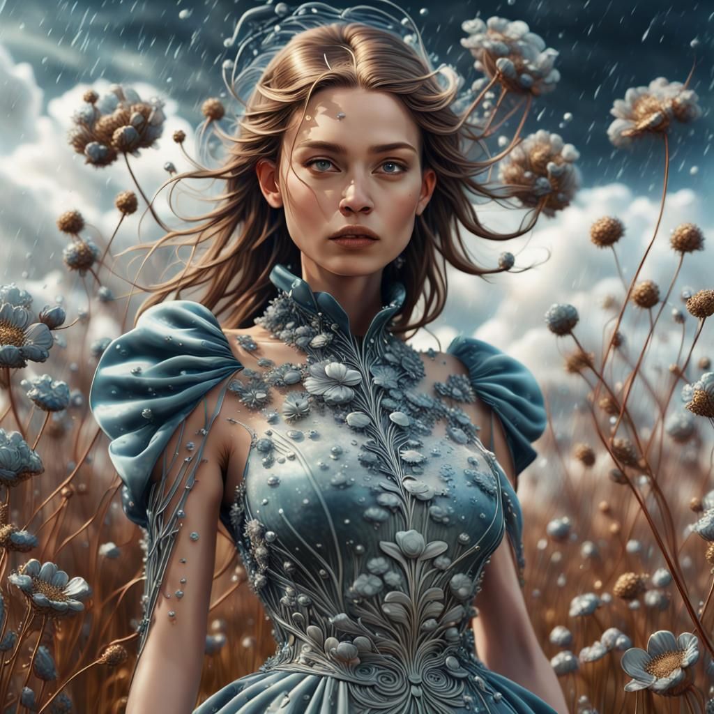 Woman in Silk Dress Among Metal Flowers