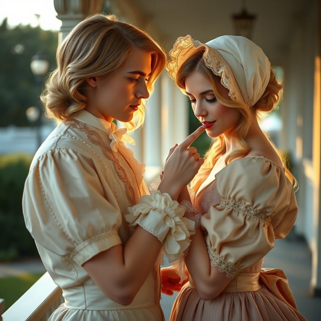 Elegant 19th Century Gentleman in Feminine Attire, Surrounde...