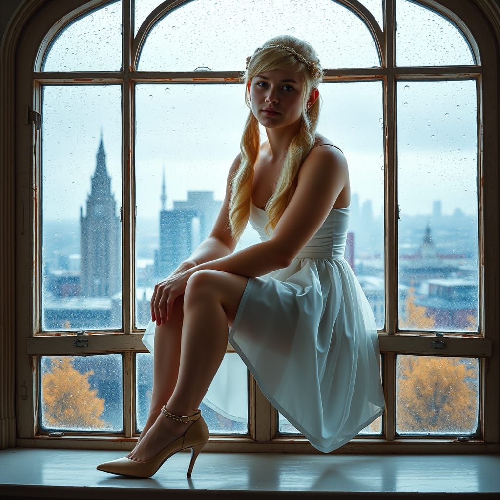 Crossdressing Teenager in Girly Minidress Posing by Rainy Wi...