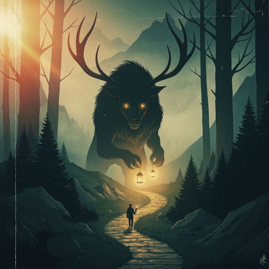 Antlered Beast Lights Lanterns in Misty Forest, Cinematic St...